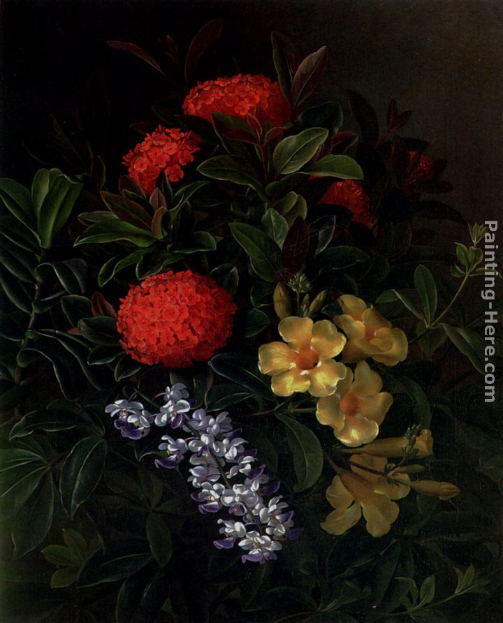 Allemanda, Ixora and Orchids painting - Johan Laurentz Jensen Allemanda, Ixora and Orchids art painting